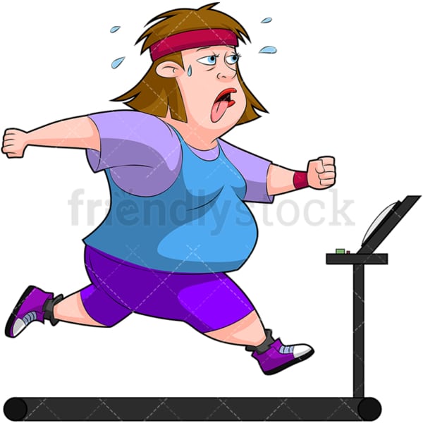 Chubby woman working out on treadmill. PNG - JPG and vector EPS (infinitely scalable). Image isolated on transparent background.