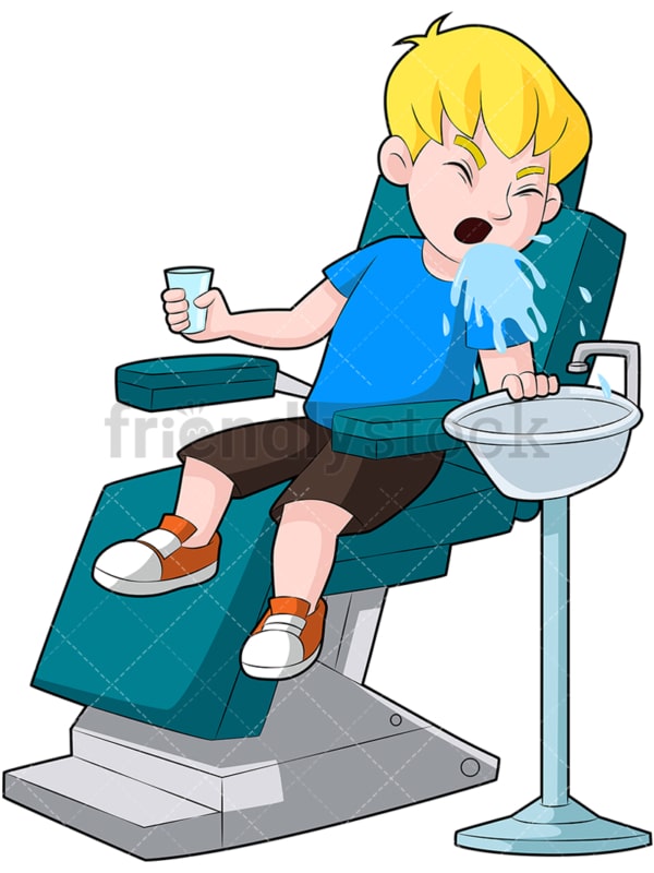Kid in dentist chair spitting water. PNG - JPG and vector EPS (infinitely scalable). Image isolated on transparent background.