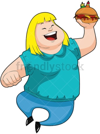 Happy fat woman holding burger. PNG - JPG and vector EPS (infinitely scalable). Image isolated on transparent background.