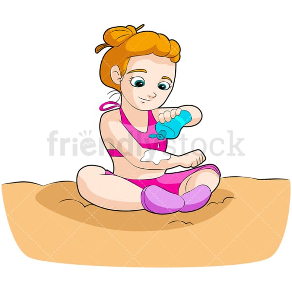 Little girl applying sun tan lotion. PNG - JPG and vector EPS (infinitely scalable). Image isolated on transparent background.