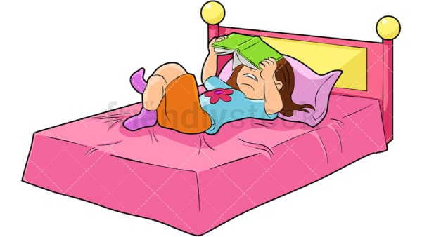 Little girl reading book in bed. PNG - JPG and vector EPS (infinitely scalable). Image isolated on transparent background.