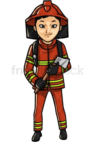 Asian female firefighter. PNG - JPG and vector EPS file formats (infinitely scalable). Image isolated on transparent background.