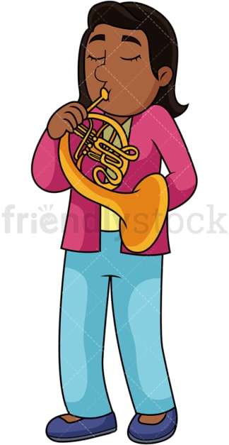 Black woman playing french horn. PNG - JPG and vector EPS file formats (infinitely scalable). Image isolated on transparent background.