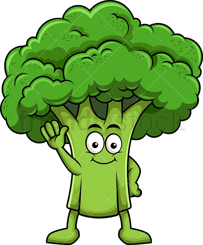 Cute Broccoli  Mascot Waving Cartoon Vector Clipart 