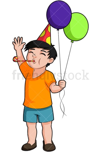 Birthday boy blowing party horn. PNG - JPG and vector EPS (infinitely scalable). Image isolated on transparent background.