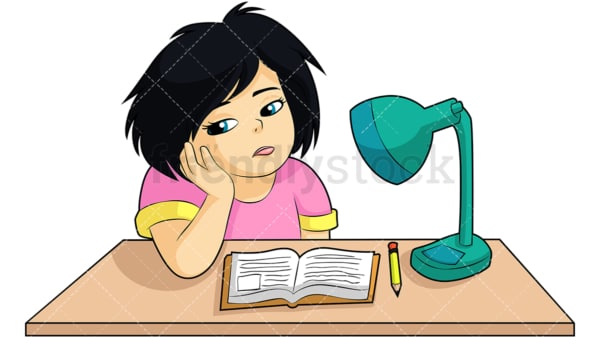 Bored girl not doing homework. PNG - JPG and vector EPS (infinitely scalable). Image isolated on transparent background.