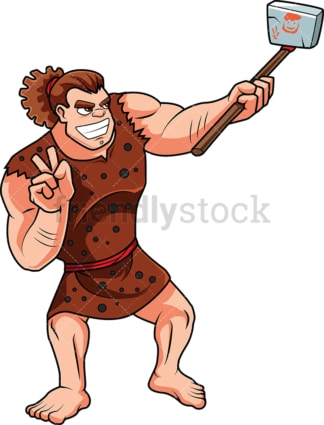 Caveman taking selfie with primitive phone. PNG - JPG and vector EPS (infinitely scalable). Image isolated on transparent background.