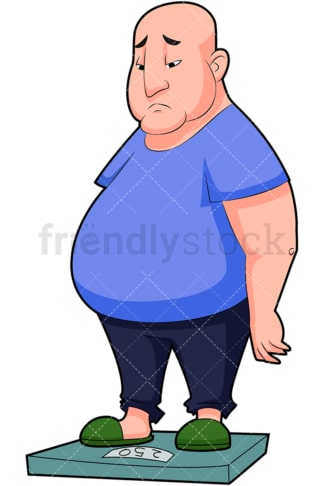 Sad fat man on weight scale. PNG - JPG and vector EPS (infinitely scalable). Image isolated on transparent background.