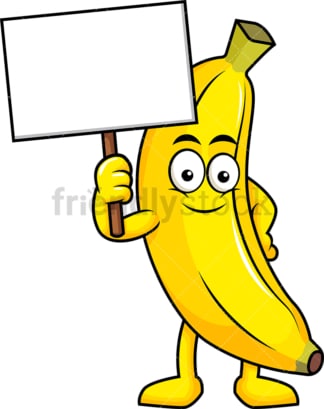 Banana cartoon character holding blank sign. PNG - JPG and vector EPS (infinitely scalable). Image isolated on transparent background.