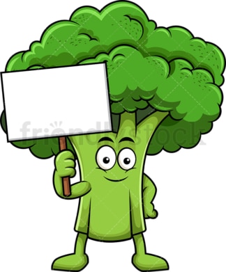 Broccoli cartoon character holding blank sign. PNG - JPG and vector EPS (infinitely scalable). Image isolated on transparent background.