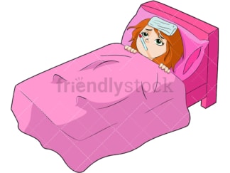 Feverish little girl sick in bed. PNG - JPG and vector EPS (infinitely scalable). Image isolated on transparent background.