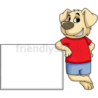 Dog cartoon character leaning on blank sign. PNG - JPG and vector EPS (infinitely scalable). Image isolated on transparent background.