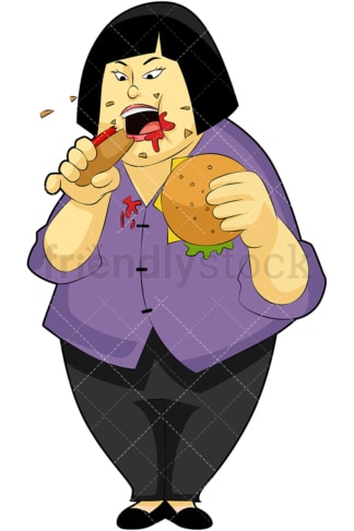 Overweight asian woman greedily devouring food. PNG - JPG and vector EPS (infinitely scalable). Image isolated on transparent background.