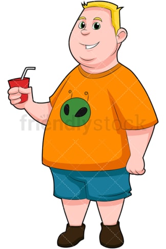 Fat teenage boy holding soft drink. PNG - JPG and vector EPS (infinitely scalable). Image isolated on transparent background.