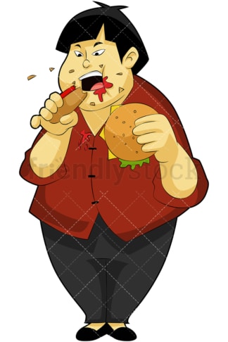Greedy overweight Chinese man. PNG - JPG and vector EPS (infinitely scalable). Image isolated on transparent background.