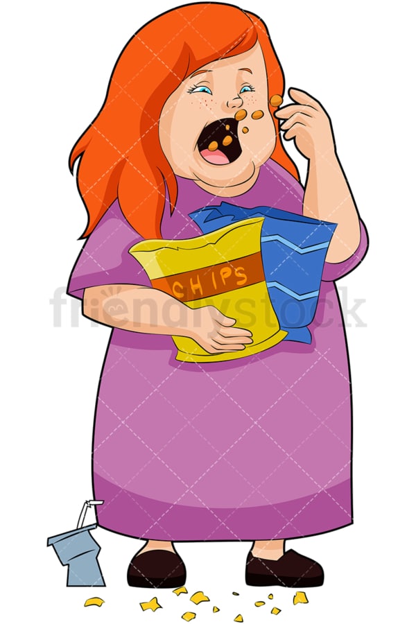 Overweight woman eating chips. PNG - JPG and vector EPS (infinitely scalable). Image isolated on transparent background.