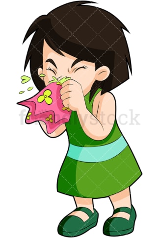 Sick little girl blowing nose. PNG - JPG and vector EPS (infinitely scalable). Image isolated on transparent background.