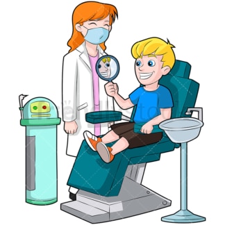 Kid in dentist chair with shiny teeth. PNG - JPG and vector EPS (infinitely scalable). Image isolated on transparent background.