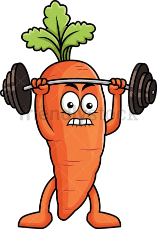 Carrot cartoon character lifting weights. PNG - JPG and vector EPS (infinitely scalable). Image isolated on transparent background.