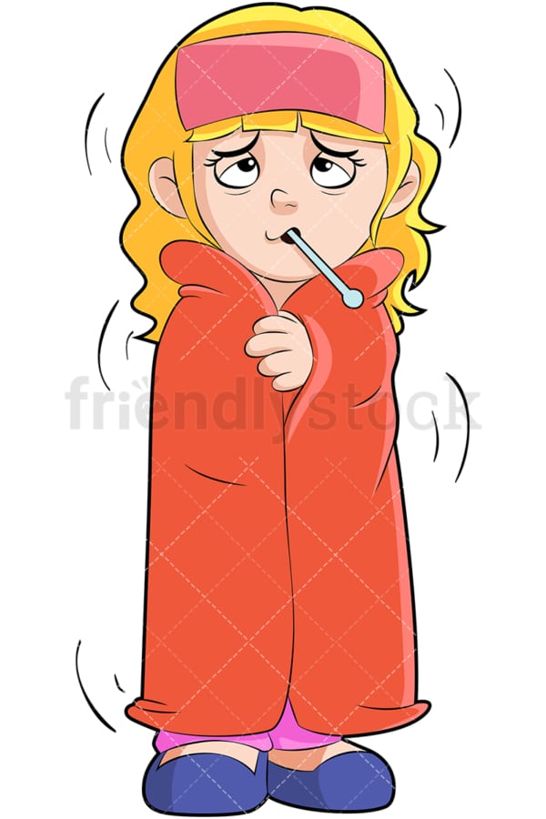Little girl with fever covered in blanket. PNG - JPG and vector EPS (infinitely scalable). Image isolated on transparent background.
