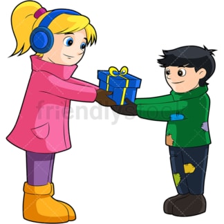Little girl giving a present to a poor boy. PNG - JPG and vector EPS (infinitely scalable). Image isolated on transparent background.