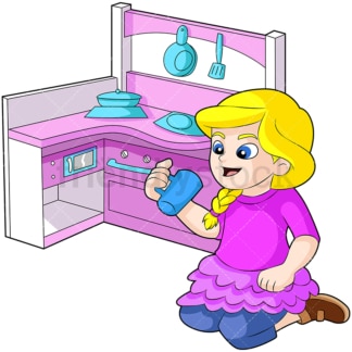 Little girl playing with kitchen set. PNG - JPG and vector EPS (infinitely scalable). Image isolated on transparent background.