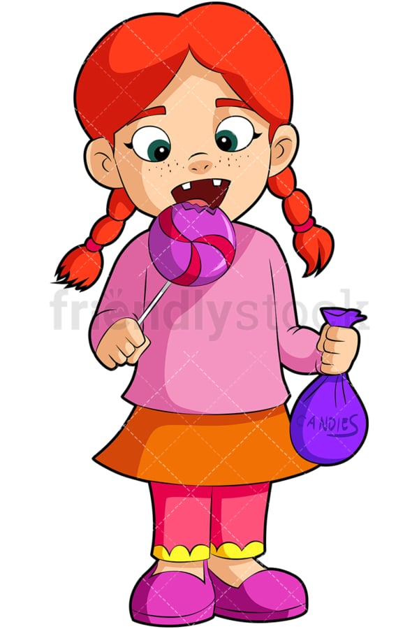 Readhead girl eating lollipop. PNG - JPG and vector EPS (infinitely scalable). Image isolated on transparent background.