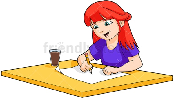 Redhead little girl drawing. PNG - JPG and vector EPS (infinitely scalable). Image isolated on transparent background.