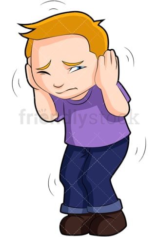 Scared kid hunched over covering ears. PNG - JPG and vector EPS (infinitely scalable). Image isolated on transparent background.