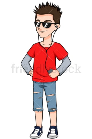 Teen boy listening to music. PNG - JPG and vector EPS (infinitely scalable). Image isolated on transparent background.