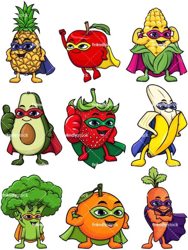 Fruit and vegetable superheroes. PNG - JPG and vector EPS file formats (infinitely scalable).