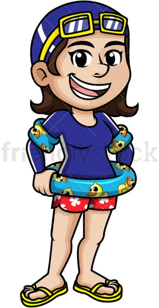 Girl wearing lifebelt and arm floats. PNG - JPG and vector EPS (infinitely scalable).