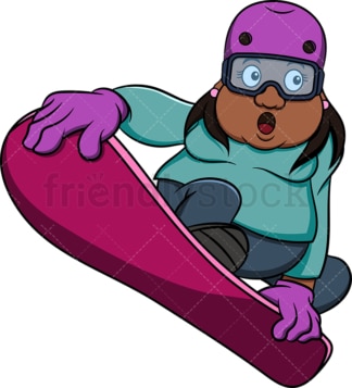 Chubby black woman snowboarding. PNG - JPG and vector EPS file formats (infinitely scalable). Image isolated on transparent background.