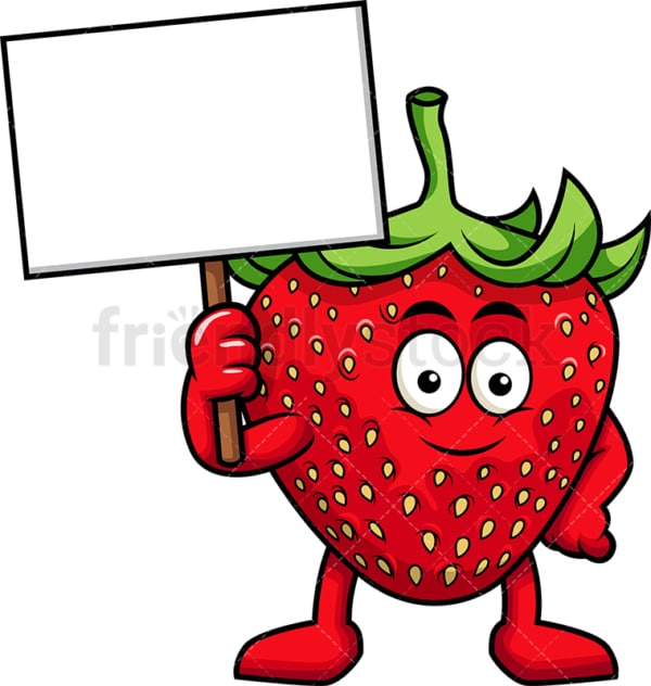 Strawberry cartoon character holding blank sign. PNG - JPG and vector EPS (infinitely scalable). Image isolated on transparent background.
