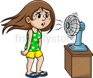 Sweating woman standing in front of electric fan. PNG - JPG and vector EPS (infinitely scalable).