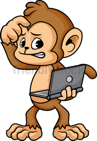 Confused monkey cartoon holding computer. PNG - JPG and vector EPS (infinitely scalable).