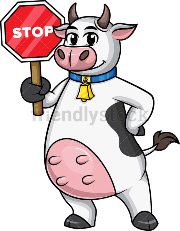Cow mascot holding red stop sign. PNG - JPG and vector EPS file formats.