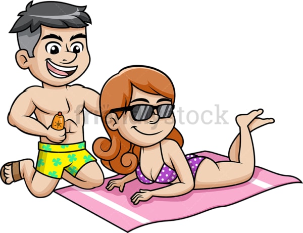 Husband applying sunscreen to wife on the beach. PNG - JPG and vector EPS file formats.