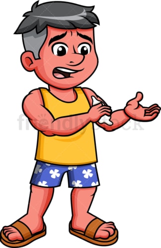 Guy with red skin from sunburn applying sunblock. PNG - JPG and vector EPS file formats.