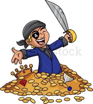 Pirate cheering while buried in treasure. PNG - JPG and vector EPS (infinitely scalable).