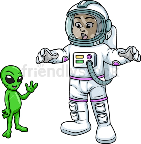 Female astronaut encountering an alien. PNG - JPG and vector EPS (infinitely scalable). Image isolated on transparent background.