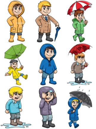 Men dressed for winter rain. PNG - JPG and vector EPS file formats (infinitely scalable).