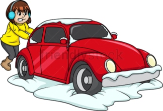 Girl pushing car out of snow. PNG - JPG and vector EPS (infinitely scalable).