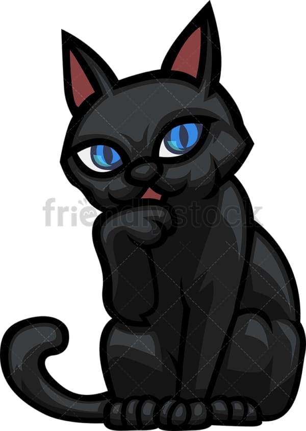 Black cat licking its paw. PNG - JPG and vector EPS file formats (infinitely scalable). Image isolated on transparent background.