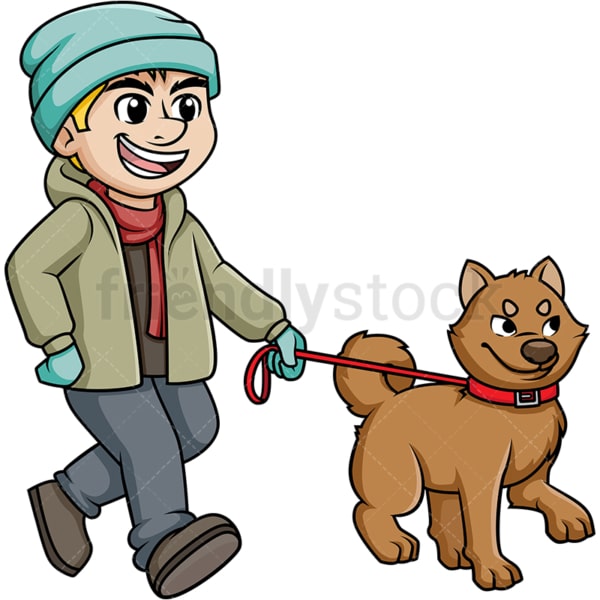 冬の漫画クリップアートベクトルで犬を歩く男 Friendlystock