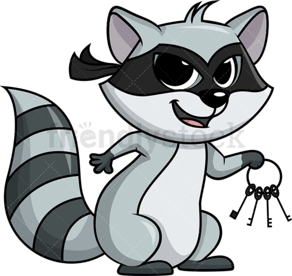 Raccoon burglar holding keys cartoon. PNG - JPG and vector EPS (infinitely scalable).