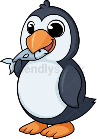 Penguin eating fish cartoon. PNG - JPG and vector EPS (infinitely scalable).