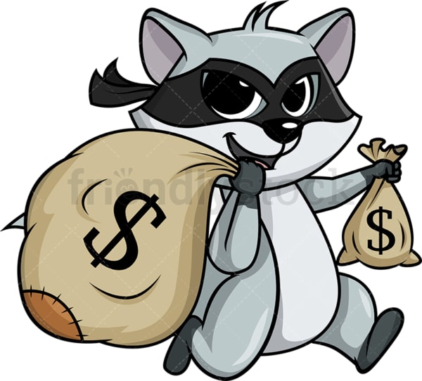 Raccoon thief running away with booty cartoon. PNG - JPG and vector EPS (infinitely scalable).