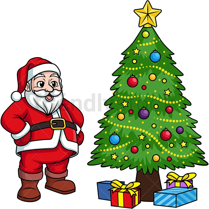 Santa Claus Near Christmas Tree Cartoon Clipart Vector