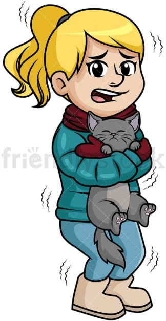 Shivering woman keeping cat warm. PNG - JPG and vector EPS (infinitely scalable).